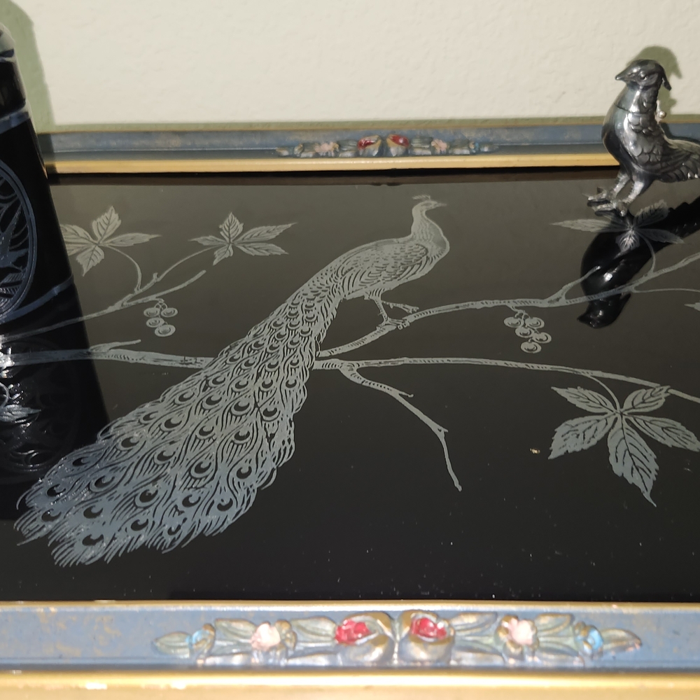 Elegant Black and Silver Peacock Tray